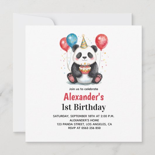 Carte Panda mignonne avec ballons et gâteau 1er annivers (Devant)