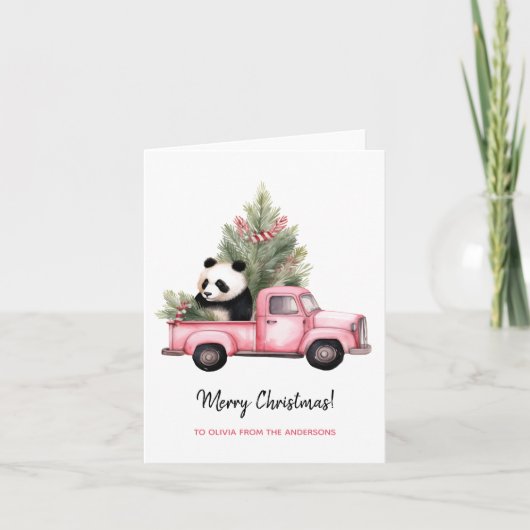 Carte Panda mignonne en Camion Vintage rose Noël (Devant)