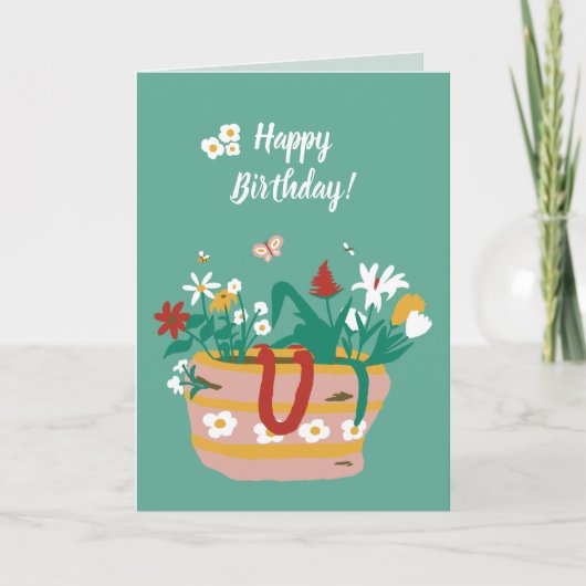 Carte Panier à fleurs Joyeux texte d'anniversaire - vert (Devant)