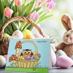 Carte Panier de Pâques Pastel Mignon Hibou Œufs Champign