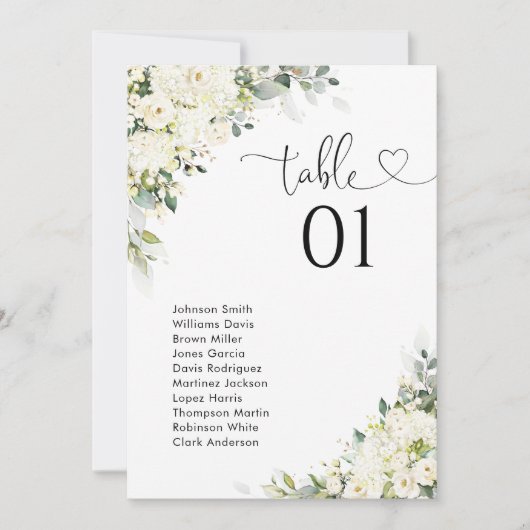 Carte Panneau de Plan de Table Fleurs Blanches Élégant (Devant)