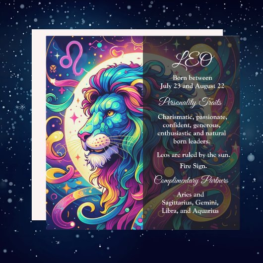 Carte Panneau Horoscope Leo info | Art Lion coloré