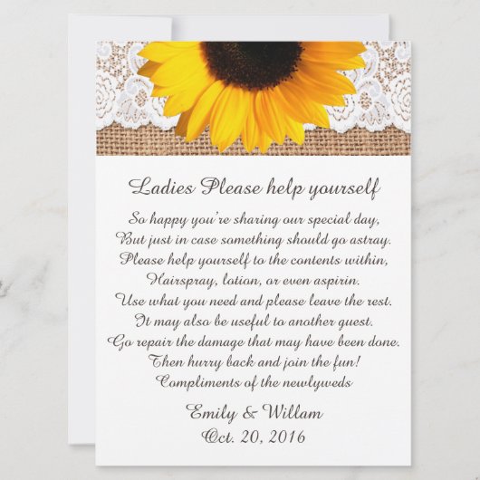 Carte Panneau Mariage Burlap et Sunflower (Devant)
