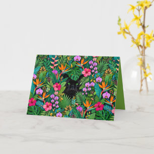 Carte Panthère noire Fleurs de jungle et feuillage tropi