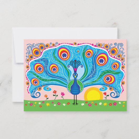 Carte Paon avec des fleurs (Devant)