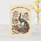 Carte Paon d'art populaire modifiable (Fleur jaune)