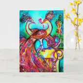 Carte PAONS AMOUREUX  rouge bleu turquoise vert (Fleur jaune)