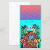 Carte PAONS AMOUREUX ,rouge bleu turquoise vert (Devant / Derrière)