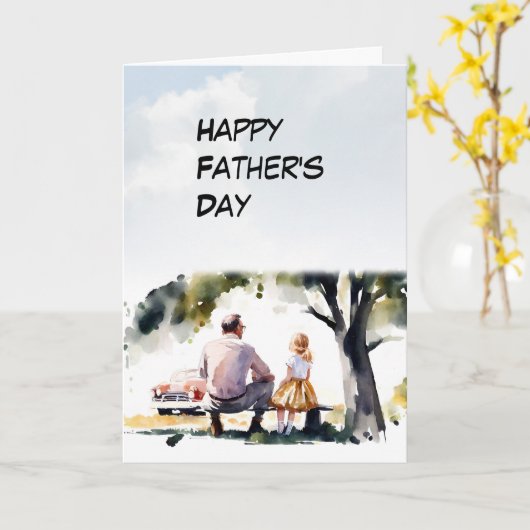 Carte Papa et Fille ensemble sur un banc Fête des pères (Fleur jaune)