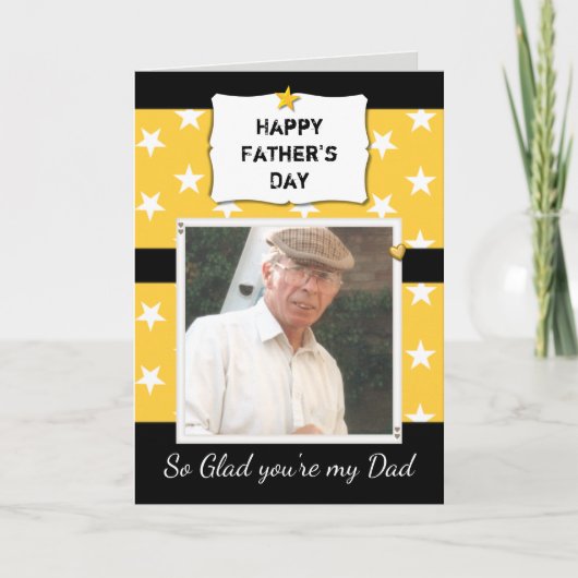 Carte Papa Fête des pères en noir et jaune photo saluant (Devant)