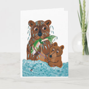 Carte Papa ours essayant d'apprendre au ourson à pêcher