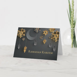 Carte Papier coupé Lanternes Ramadan, Lune, Fleurs, Noir