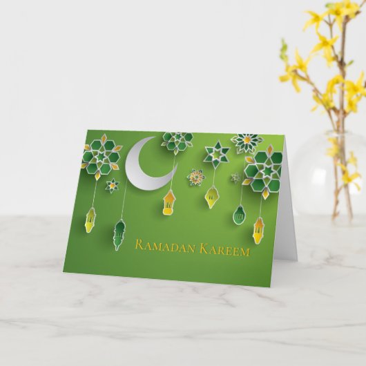Carte Papier coupé Lanternes Ramadan, Lune, Fleurs, Vert (Fleur jaune)