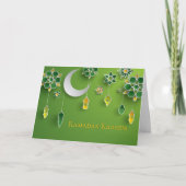 Carte Papier coupé Lanternes Ramadan, Lune, Fleurs, Vert (Devant)