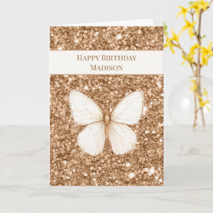 Carte Papillon Anniversaire Blanc Paillettes Faux Or