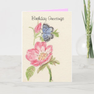 Carte Papillon assez bleu sur la fleur rose