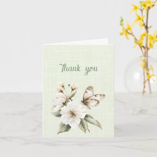 Carte Papillon blanc Merci sur fleurs blanches (Fleur jaune)