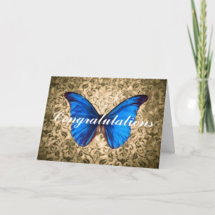 Carte Papillon bleu damas Félicitations Art vintage