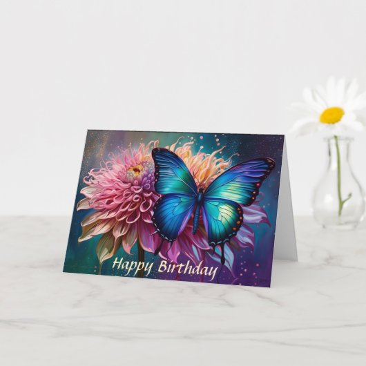 Carte Papillon bleu et Dahlia (Petite plante)