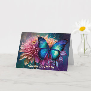 Carte Papillon bleu et Dahlia