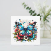 Carte Papillon bleu et fleurs | Message personnel (Debout devant)