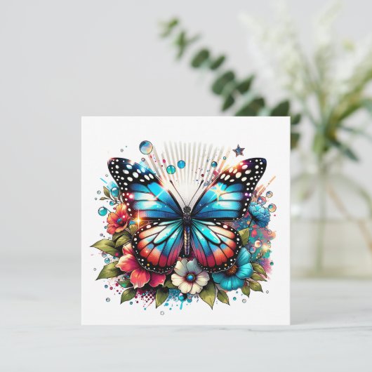 Carte Papillon bleu et fleurs | Message personnel (Debout devant)