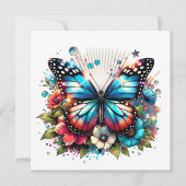 Carte Papillon bleu et fleurs | Message personnel (Devant)