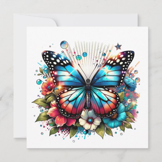 Carte Papillon bleu et fleurs | Message personnel (Devant)