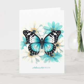 Carte Papillon Bleu & Fleurs Aqua Aquarelle