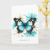 Carte Papillon Bleu & Fleurs Aqua Aquarelle (Fleur jaune)