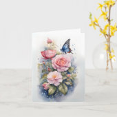Carte Papillon bleu Fleurs roses Aquarelle Blanc (Fleur jaune)