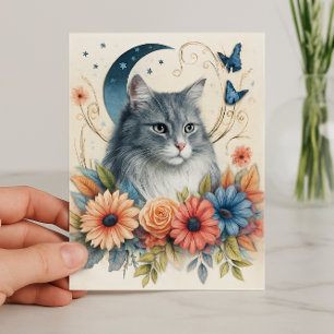 Carte Papillon Chat Gris Floral