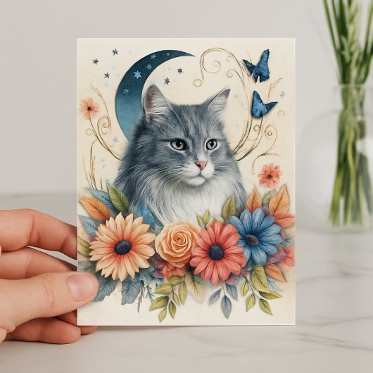 Carte Papillon Chat Gris Floral 