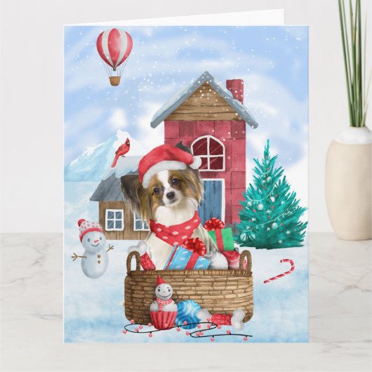 Carte Papillon Chien Dans Maison de Noël enneigée (Devant)