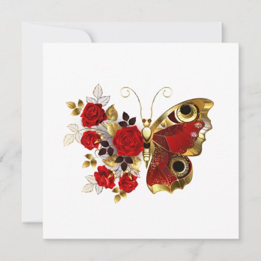 Carte Papillon de fleurs rouges aux roses rouges (Devant)