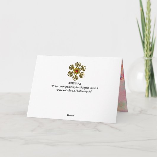 Carte PAPILLON EN PAILLETTES D'OR ,Rose Vert sarcelle (Dos)