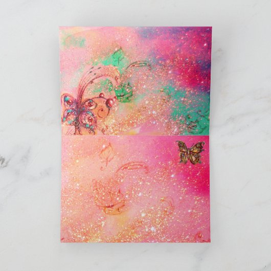 Carte PAPILLON EN  PAILLETTES D'OR ,Rose Vert sarcelle (Intérieur)