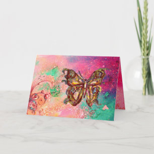 Carte PAPILLON EN  PAILLETTES D'OR ,Rose Vert Sarcelle