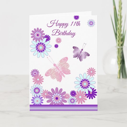 Carte Papillon Et Fleurs Personnalisé 11e Anniversaire (Devant)