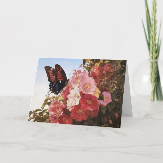 Carte Papillon impressionniste et fleurs roses (Devant)