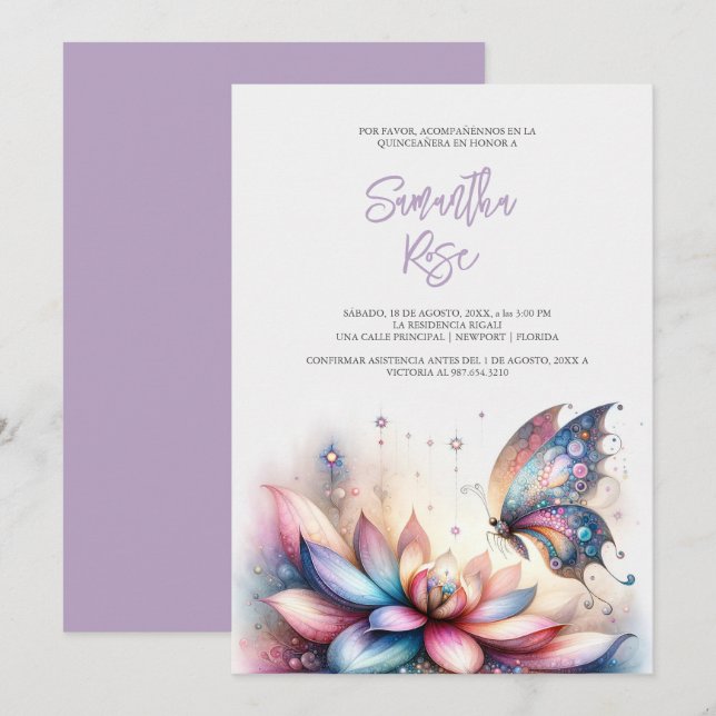 Carte Papillon magique Violet Quinceanera (Devant / Derrière)