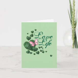 Carte Papillon Rose avec Feuilles en Forme de Cœur