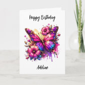 Carte Papillon rose et pourpre et fleurs Anniversaire (Devant)