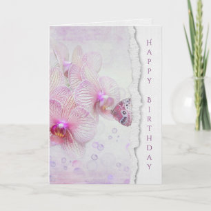 Carte papillon sur orchidée rose avec bulles