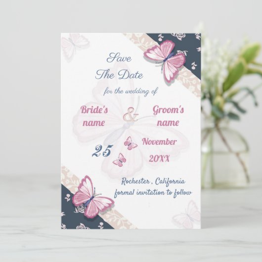 Carte papillons bleu marine rose enregistrer la date (Debout devant)