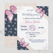 Carte papillons bleu marine rose fête d'anniversaire (Devant / Derrière)