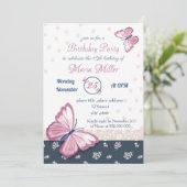 Carte papillons bleu marine rose fête d'anniversaire (Debout devant)