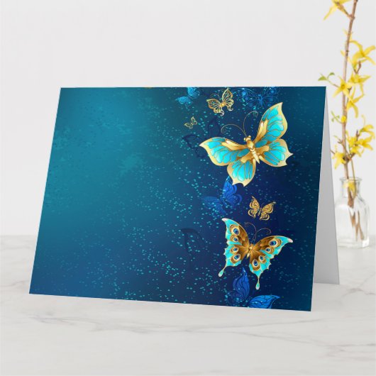 Carte Papillons d'or sur un Arrière - plan bleu (Fleur jaune)