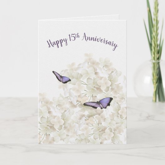 Carte Papillons du 15e anniversaire sur Hydrangea blanch (Devant)