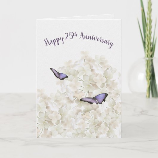 Carte Papillons du 25e anniversaire sur Hydrangea blanch (Devant)